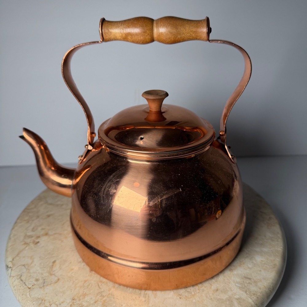 Tagus Copper Tea Kettle Vintage Wood Handle Stovetop Pot Rose Gold